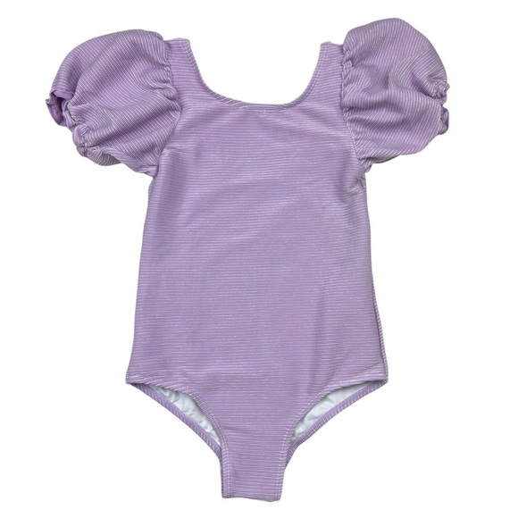 Cotton On Girls Puff Sleeve One Piece Swimsuit in Sparkly Purple - Size 8 - Picture 1 of 7